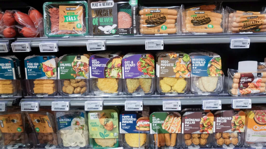 Plant-based meat products for sale in European supermarket.