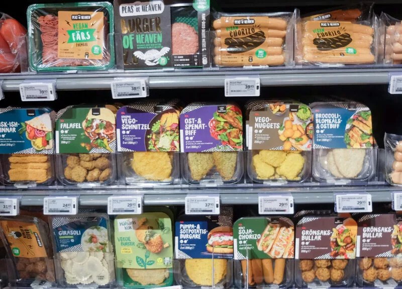 Plant-based meat products for sale in European supermarket.