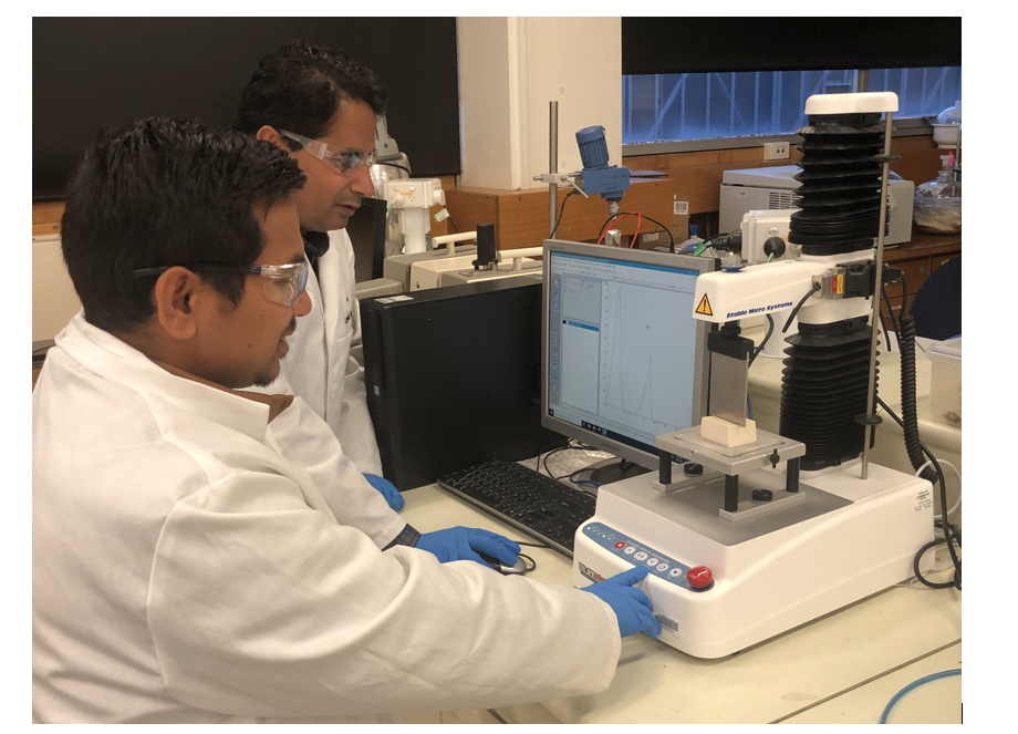 Researchers testing textural properties of plant-based dairy analogue. 