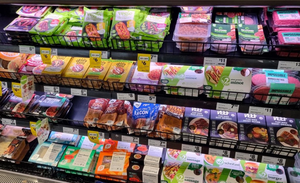 Plant-based meat on supermarket shelves.