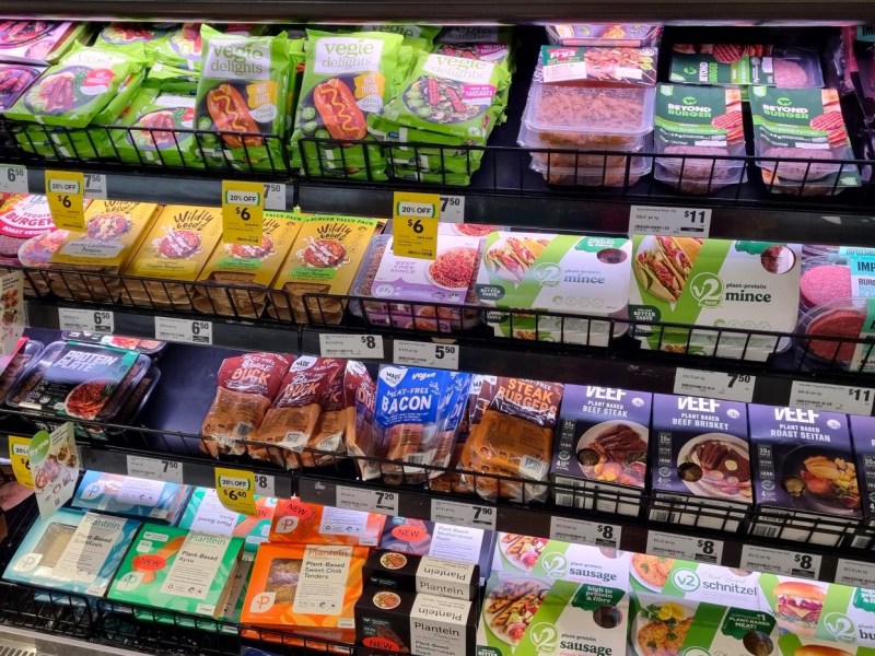 Plant-based meat on supermarket shelves.